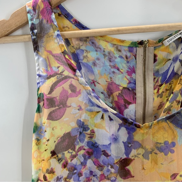 Collective Concepts watercolor floral tank chiffon semi sheer small zip back - Picture 4 of 5